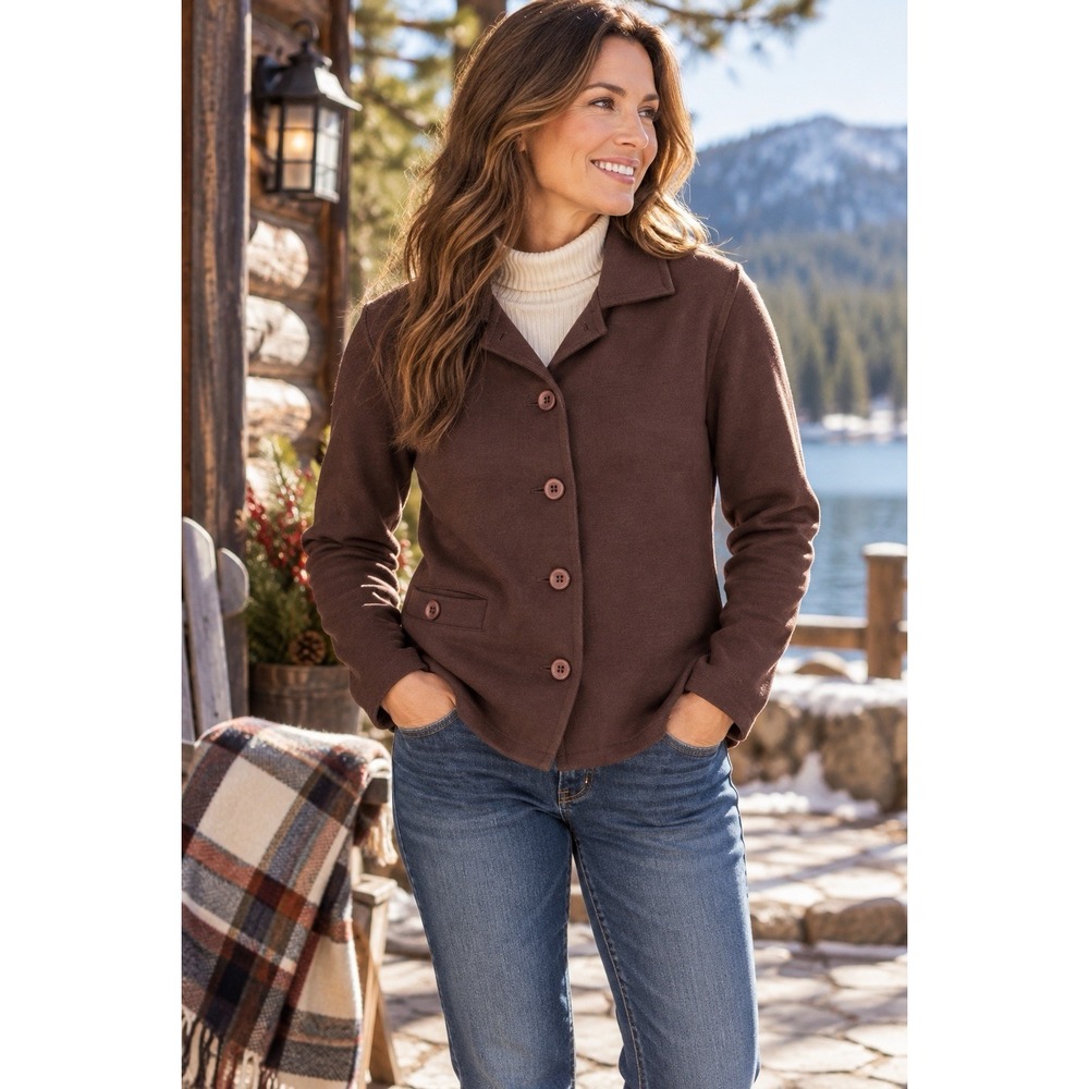 Talbots Petites Womens M Brown Ponte Knit Blazer Jacket Stretch 5 Button